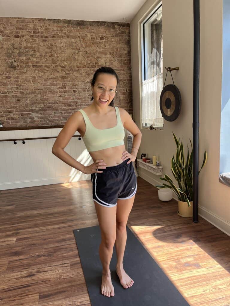 Comfortable yoga wearing sports bra and shorts at Bedstuy Yoga studio in Brooklyn.